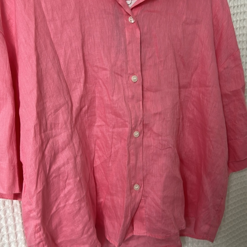 Pink 100% Linen Button Down Short Sleeve Shirt Medium NWT H&M - Picture 3 of 5